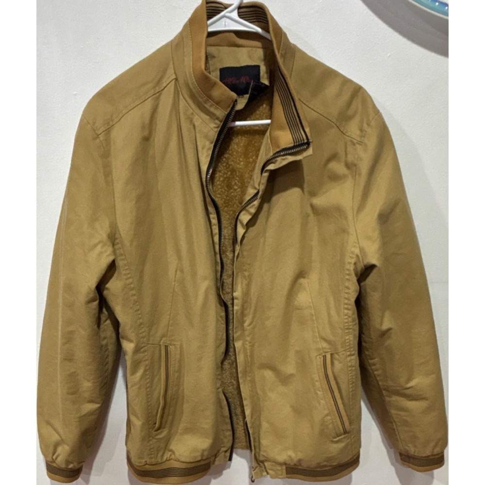 RenWear Tan Bomber Jacket Men's L Zip Striped Trim Lined Casual Fall/Winter